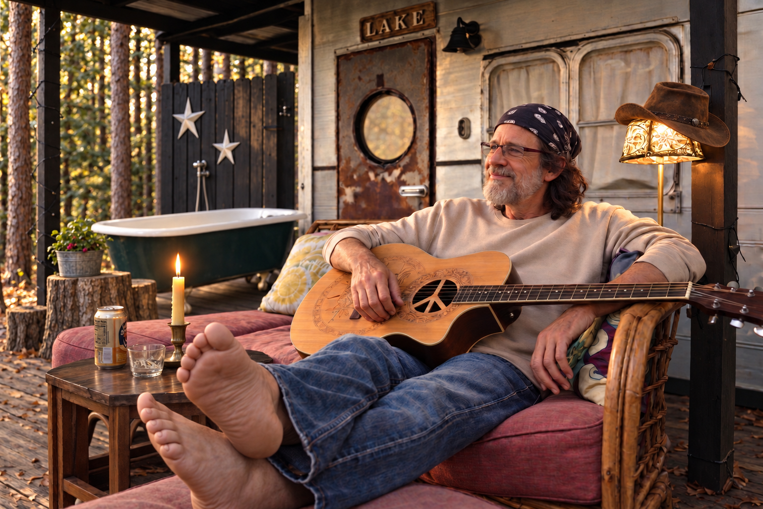 Matthew playing guitar on a porch beside the hot tub